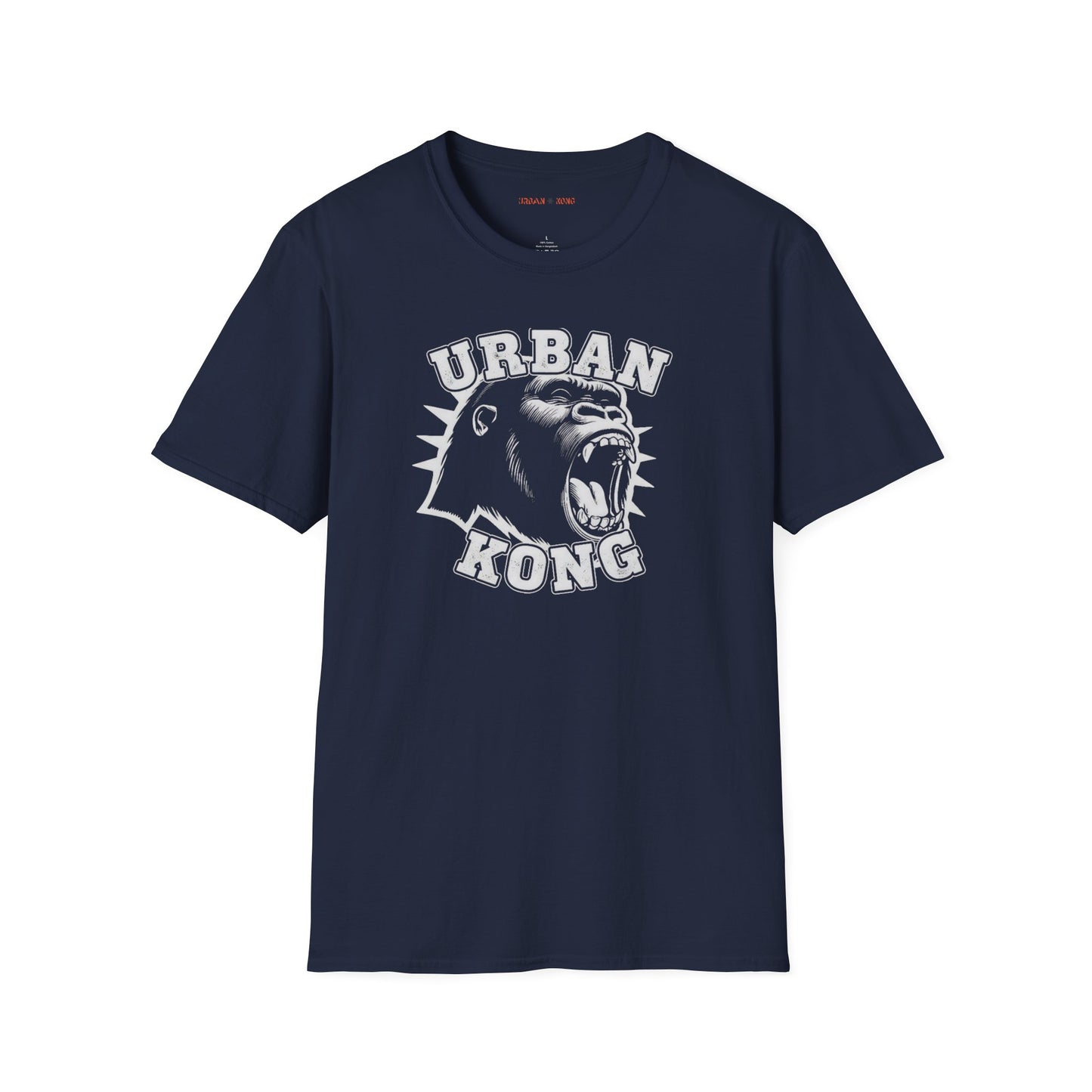 Blue streetwear t-shirt with a white  graphic of a roaring gorilla and 'URBAN KONG' text.