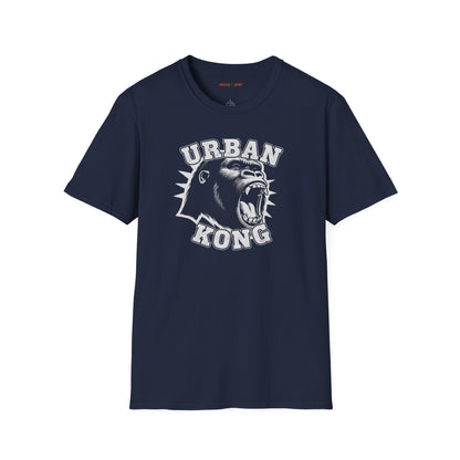 Blue streetwear t-shirt with a white  graphic of a roaring gorilla and 'URBAN KONG' text.