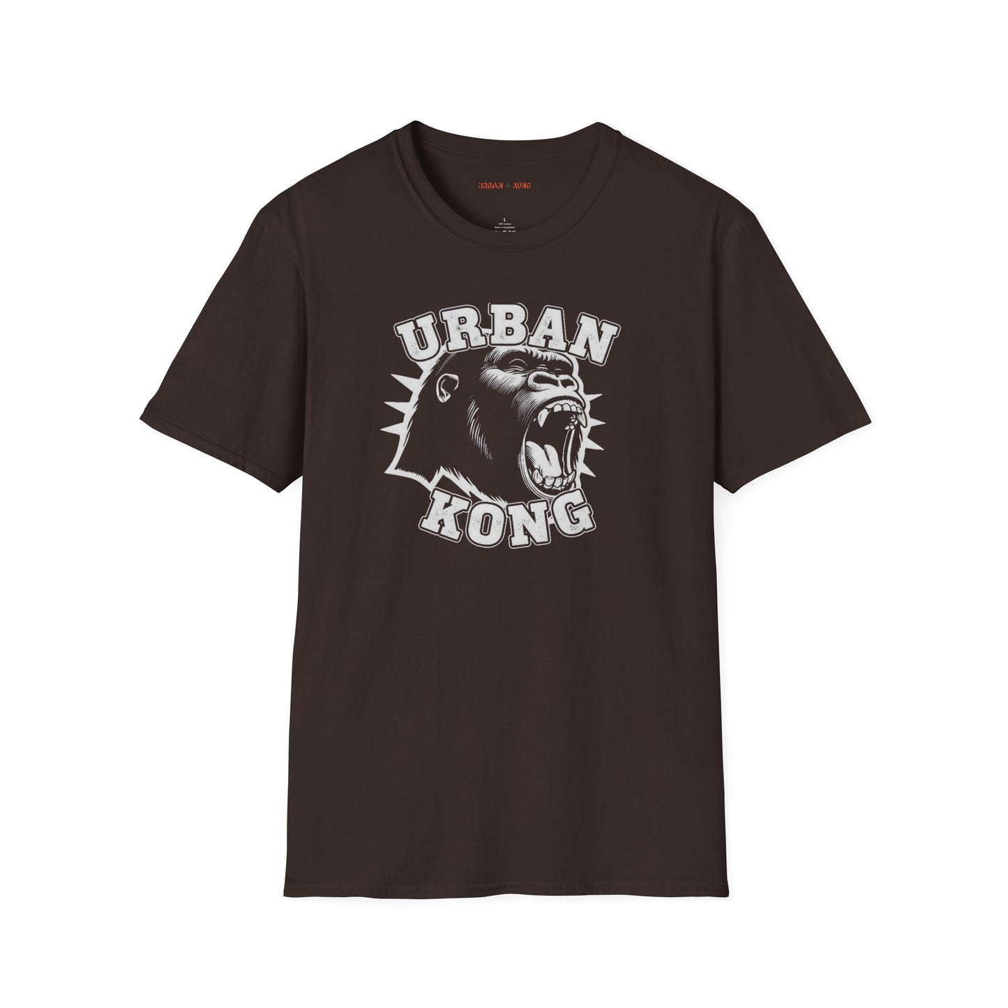 Brown streetwear t-shirt with a white  graphic of a roaring gorilla and 'URBAN KONG' text.
