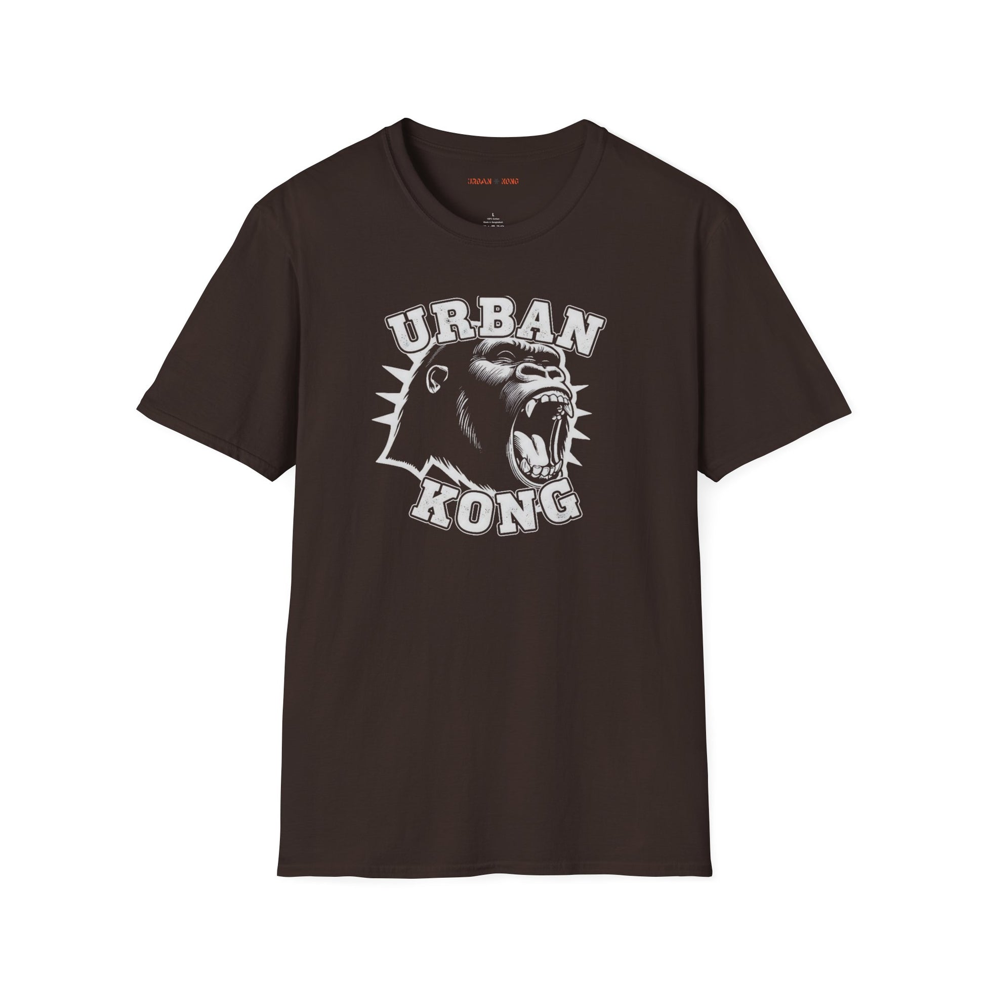 Brown streetwear t-shirt with a white  graphic of a roaring gorilla and 'URBAN KONG' text.