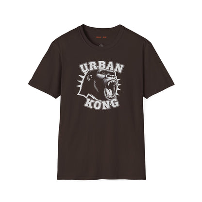 Brown streetwear t-shirt with a white  graphic of a roaring gorilla and 'URBAN KONG' text.