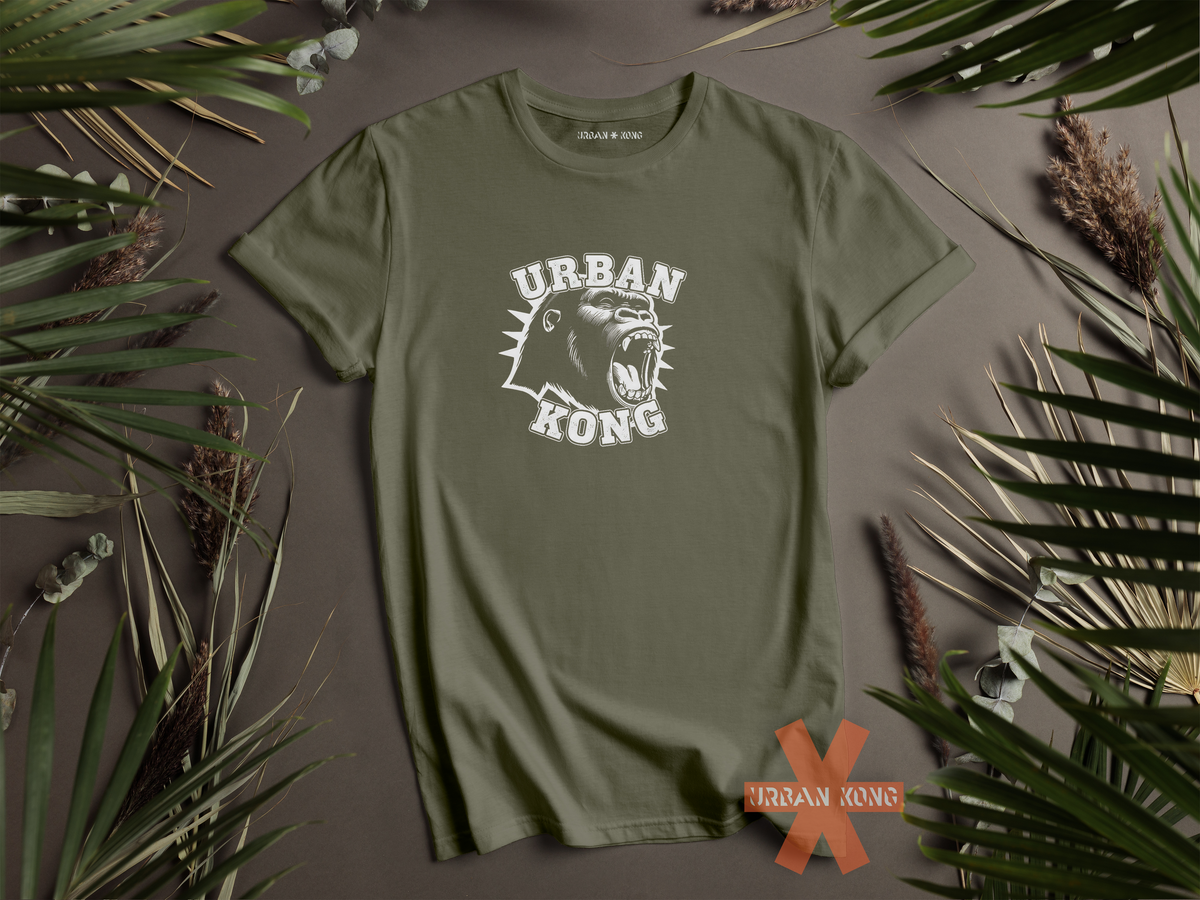 Green streetwear t-shirt with a white  graphic of a roaring gorilla and 'URBAN KONG' text.