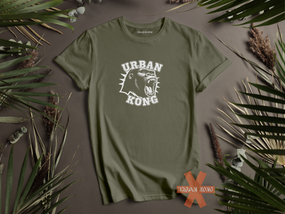 Green streetwear t-shirt with a white  graphic of a roaring gorilla and 'URBAN KONG' text.