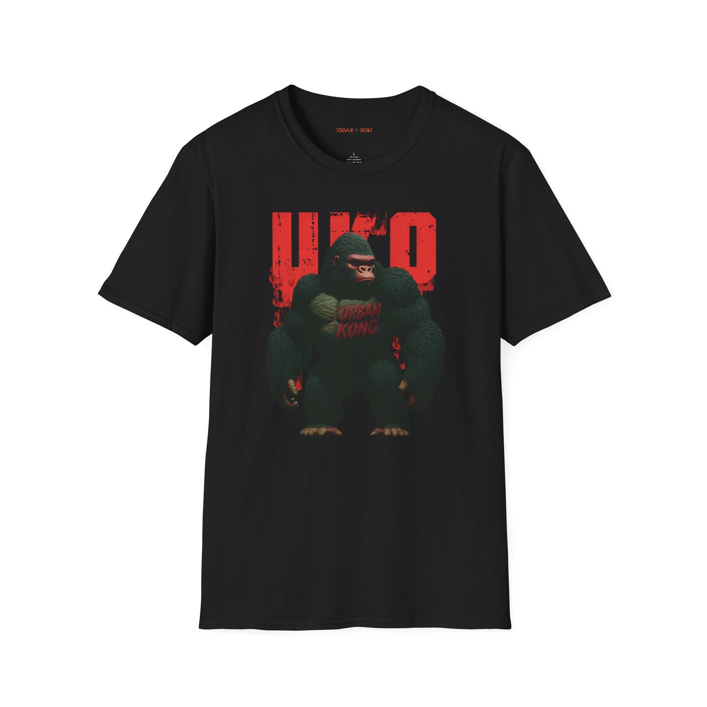 Black streetwear t-shirt with a dark and stylised graphic of a gorilla, featuring red accents and large red 'UKO' text in the background.