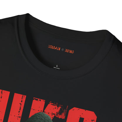 Label closeup black streetwear t-shirt with a dark and stylised graphic of a gorilla, featuring red accents and large red 'UKO' text in the background.