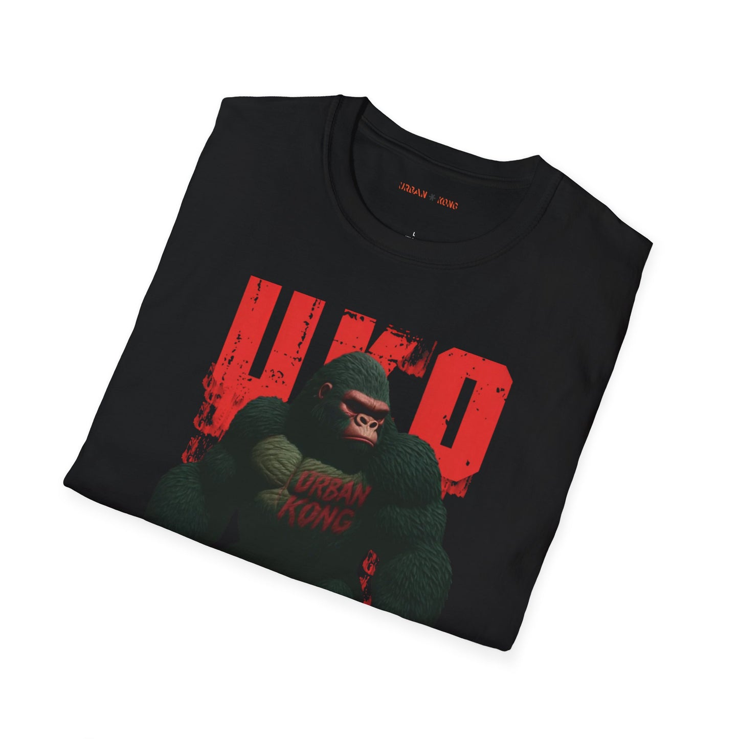 Folded black streetwear t-shirt with a dark and stylised graphic of a gorilla, featuring red accents and large red 'UKO' text in the background.