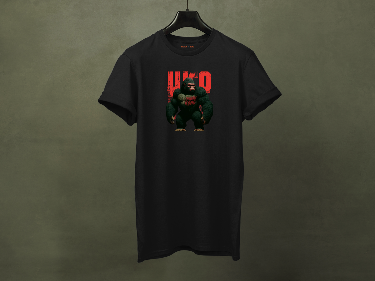 Hanged black streetwear t-shirt with a dark and stylised graphic of a gorilla, featuring red accents and large red 'UKO' text in the background.