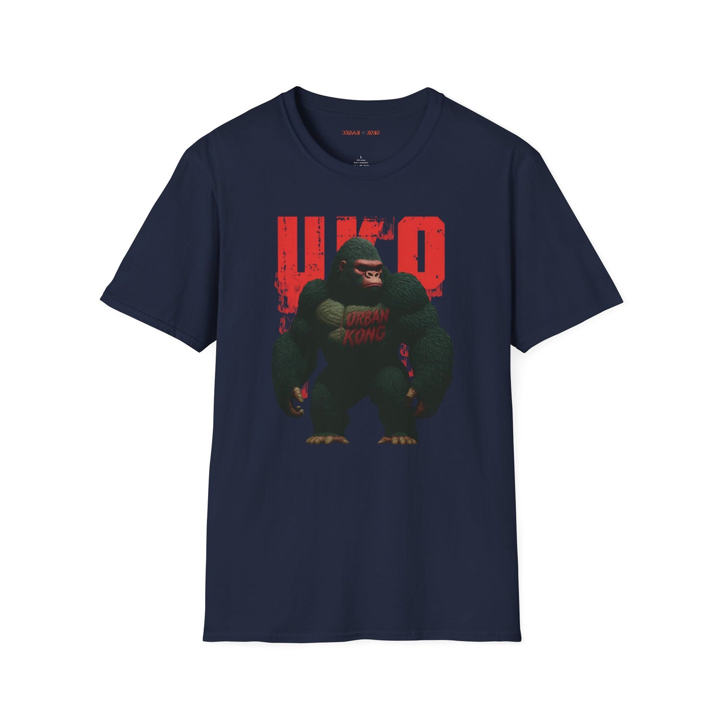 Blue streetwear t-shirt with a dark and stylised graphic of a gorilla, featuring red accents and large red 'UKO' text in the background.