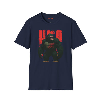 Blue streetwear t-shirt with a dark and stylised graphic of a gorilla, featuring red accents and large red 'UKO' text in the background.