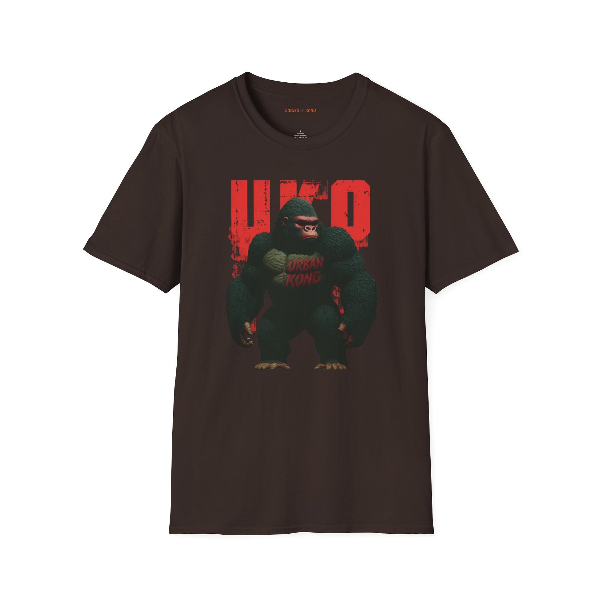 Brown streetwear t-shirt with a dark and stylised graphic of a gorilla, featuring red accents and large red 'UKO' text in the background.