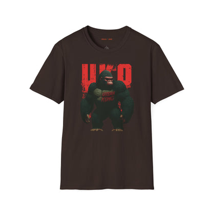 Brown streetwear t-shirt with a dark and stylised graphic of a gorilla, featuring red accents and large red 'UKO' text in the background.