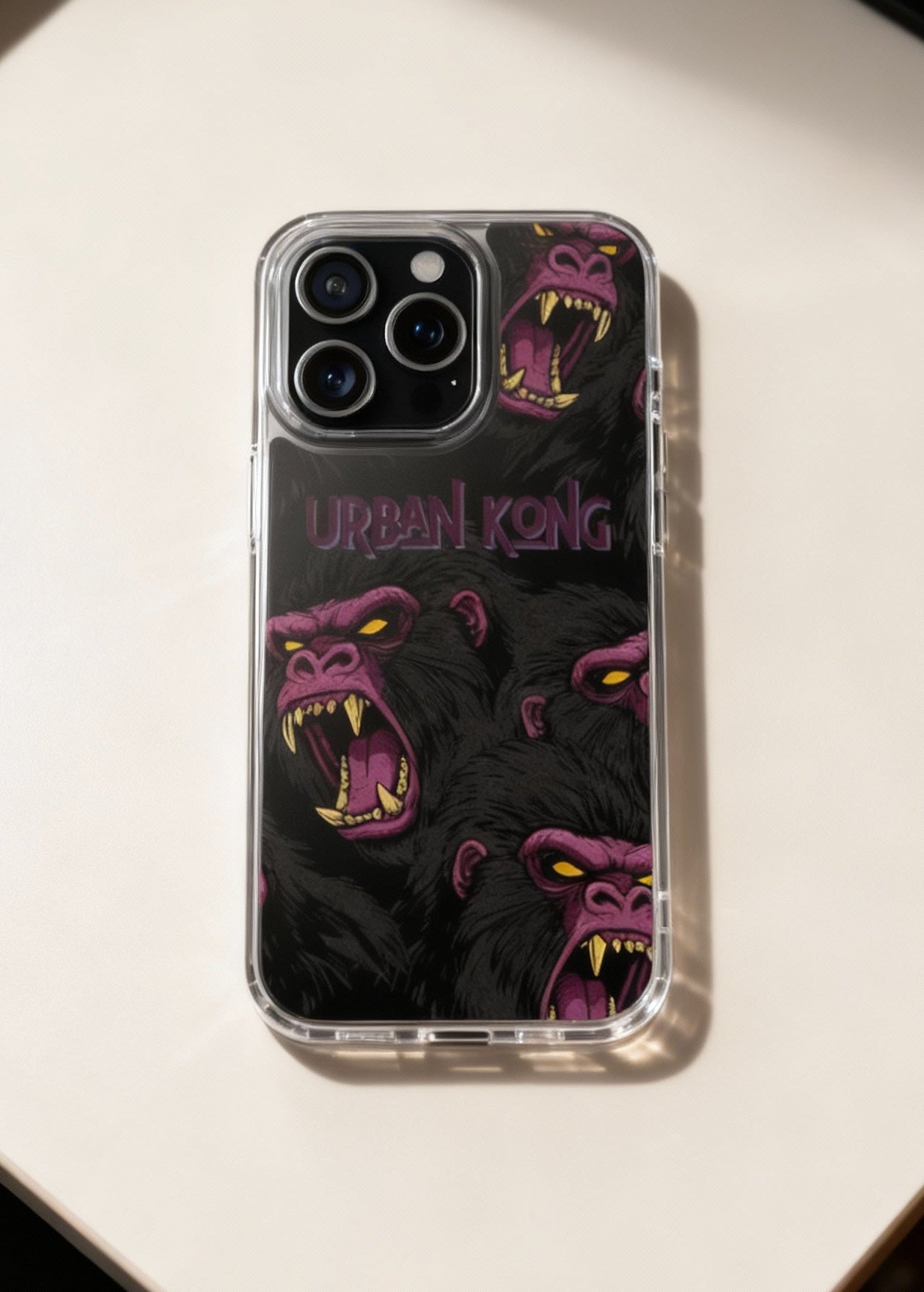Phone case with 'Urban King' design on a desk