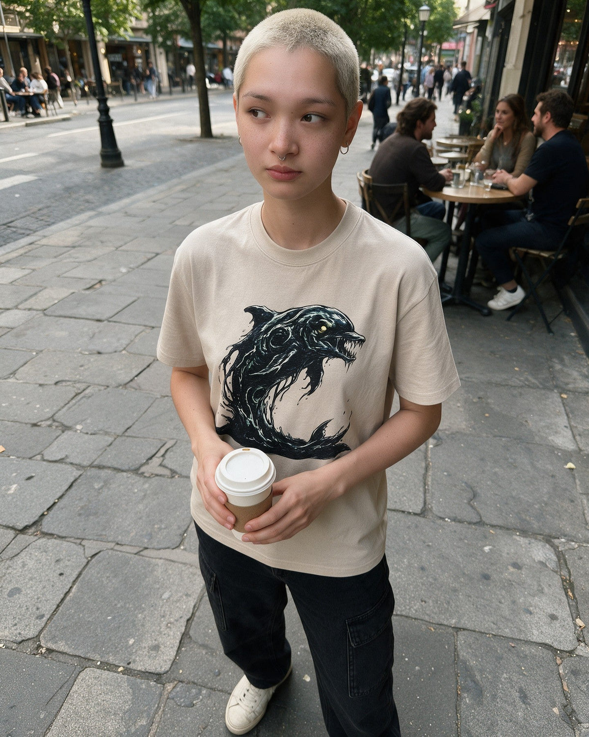 Abyss Dolphin T-Shirt in Sand worn on the street — Urban Kong