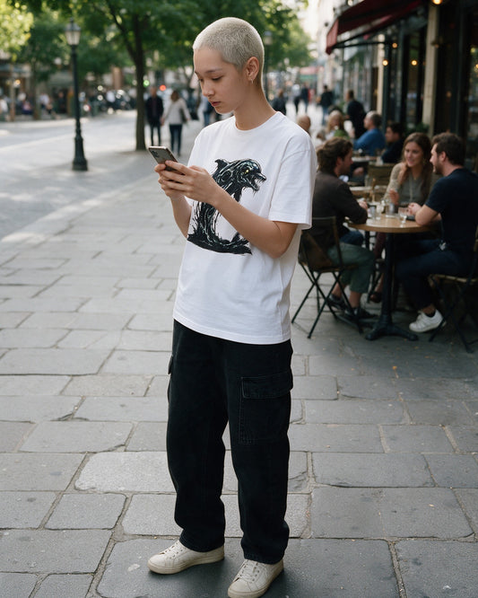 Abyss Dolphin T-Shirt in White worn on the street — Urban Kong