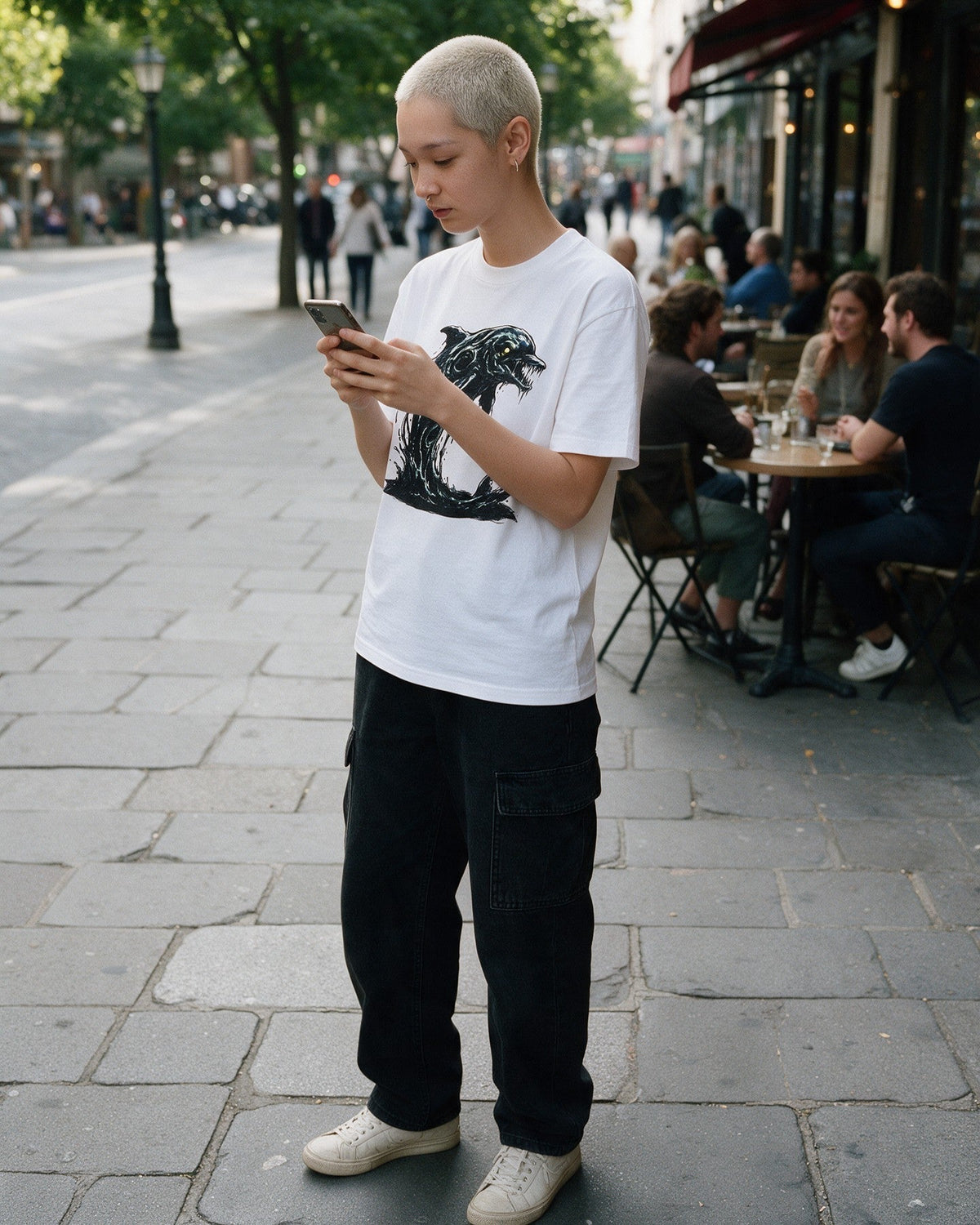 Abyss Dolphin T-Shirt in White worn on the street — Urban Kong