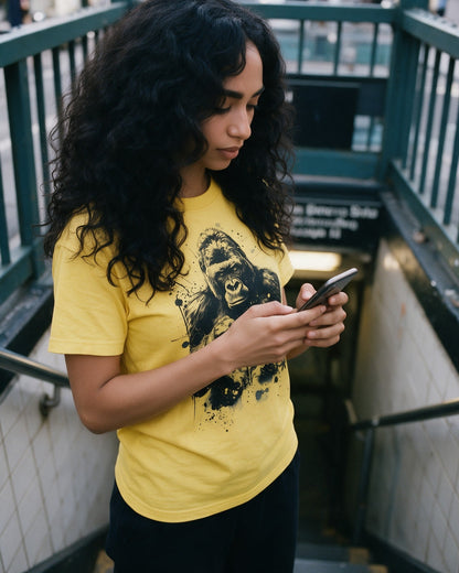 Alpha Ape T-Shirt in Gold worn on the street — Urban Kong
