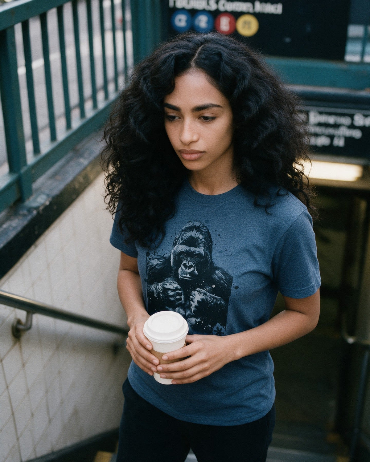 Alpha Ape T-Shirt in Heather Indigo worn on the street — Urban Kong