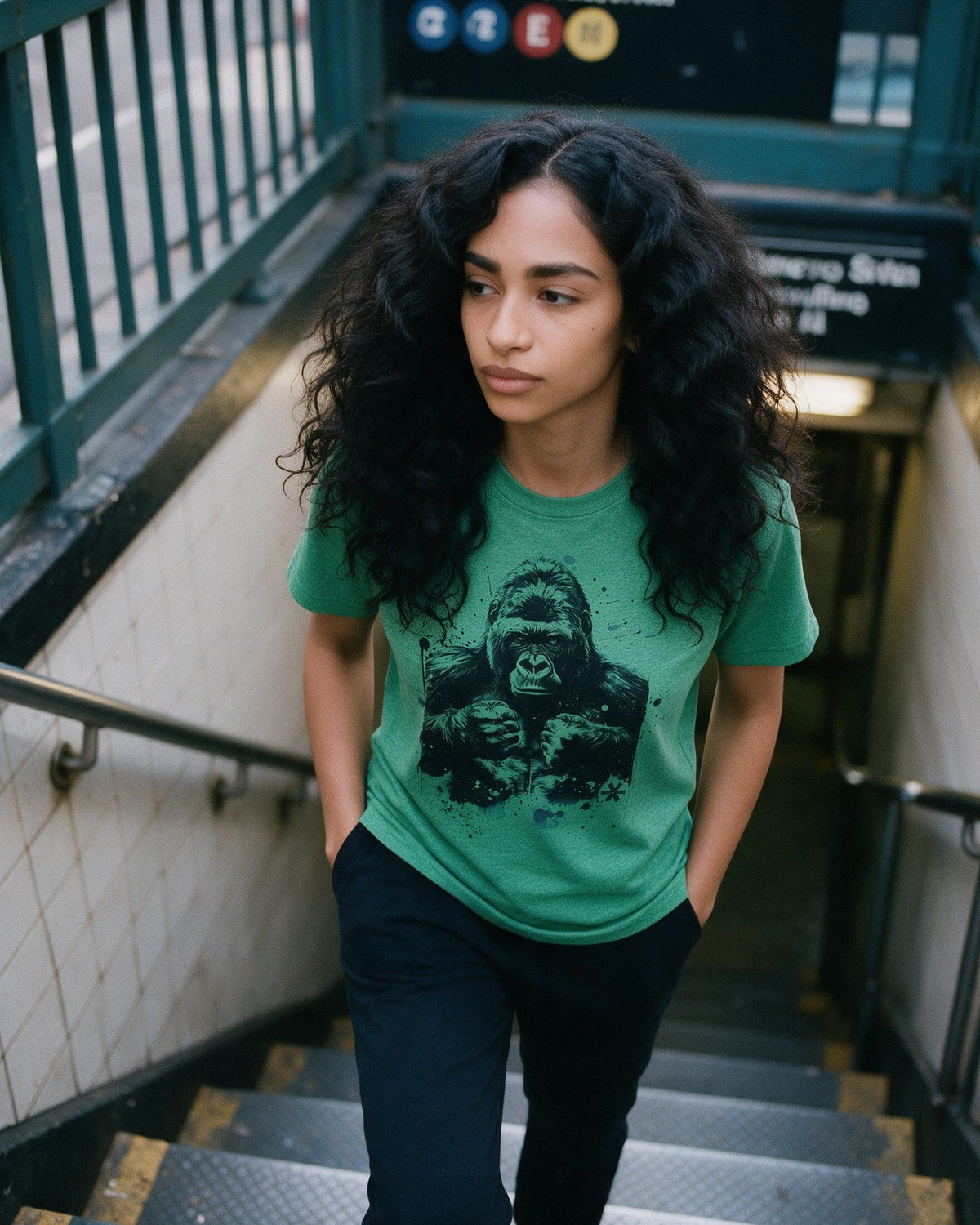 Alpha Ape T-Shirt in Heather Irish Green worn on the street — Urban Kong