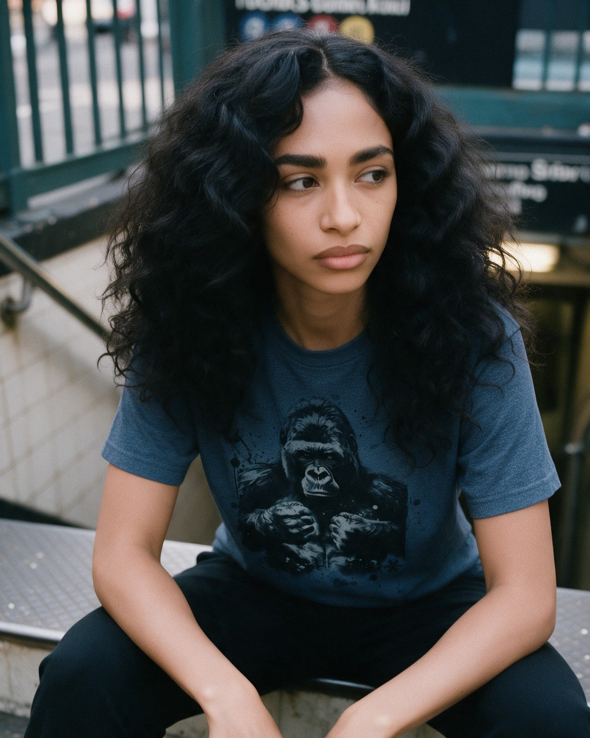 Alpha Ape T-Shirt in Heather Navy worn on the street — Urban Kong