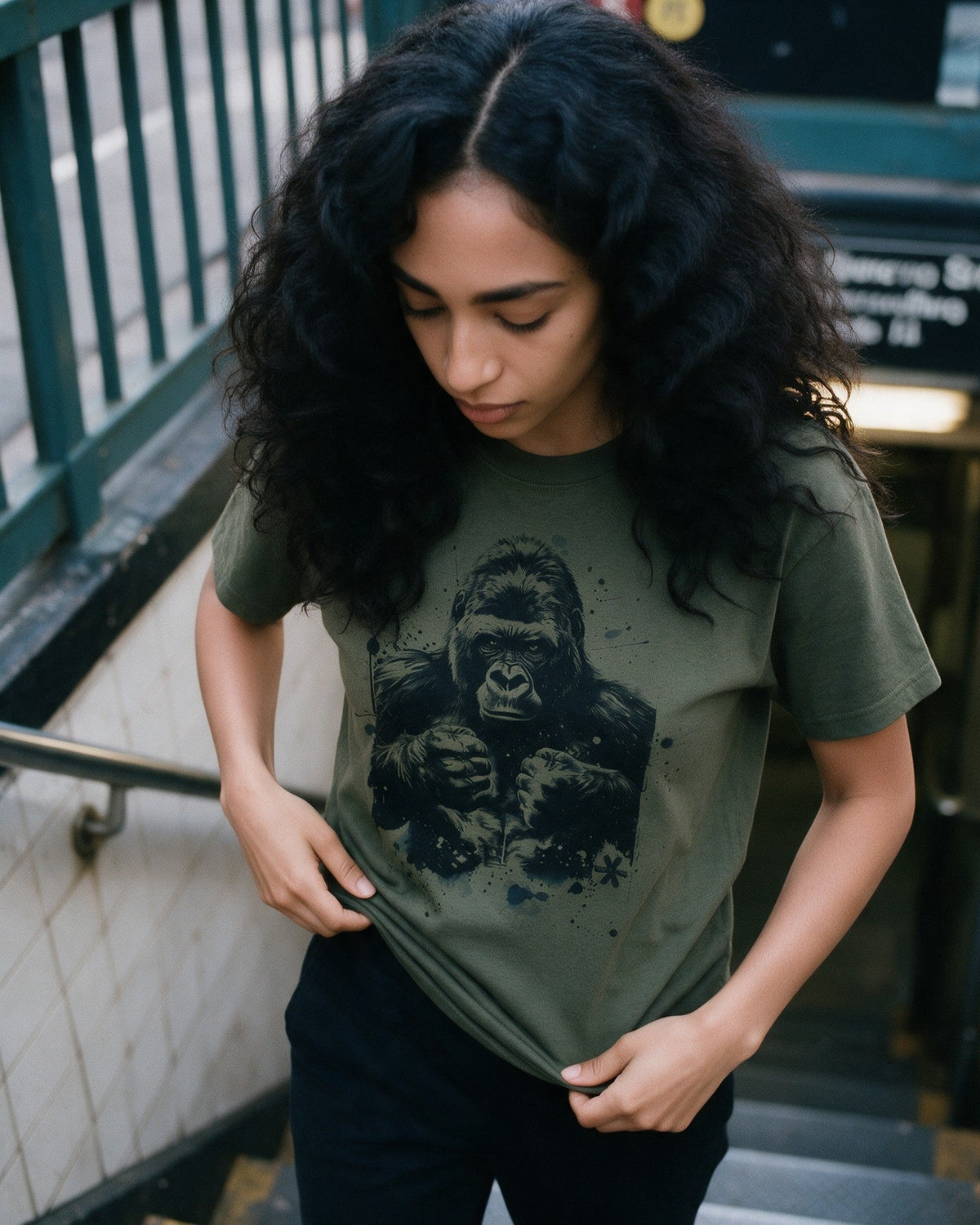 Alpha Ape T-Shirt in Military Green worn on the street — Urban Kong