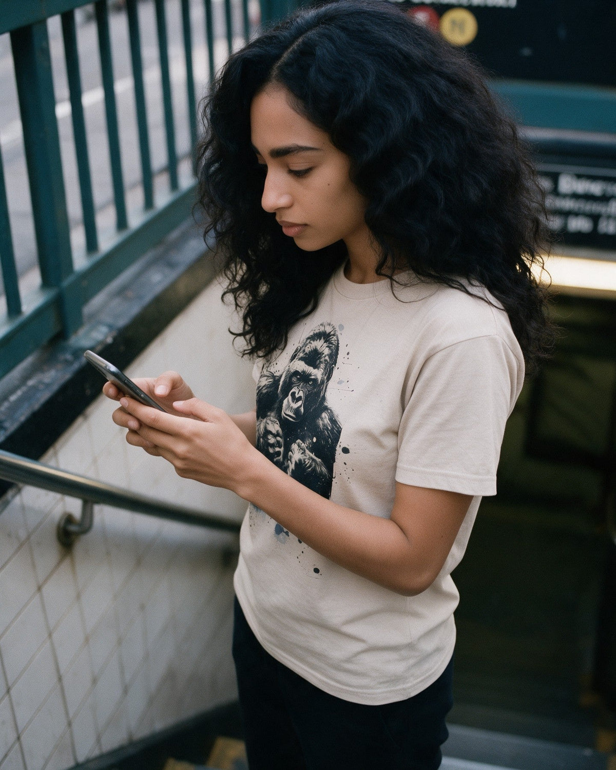Alpha Ape T-Shirt in Sand worn on the street — Urban Kong