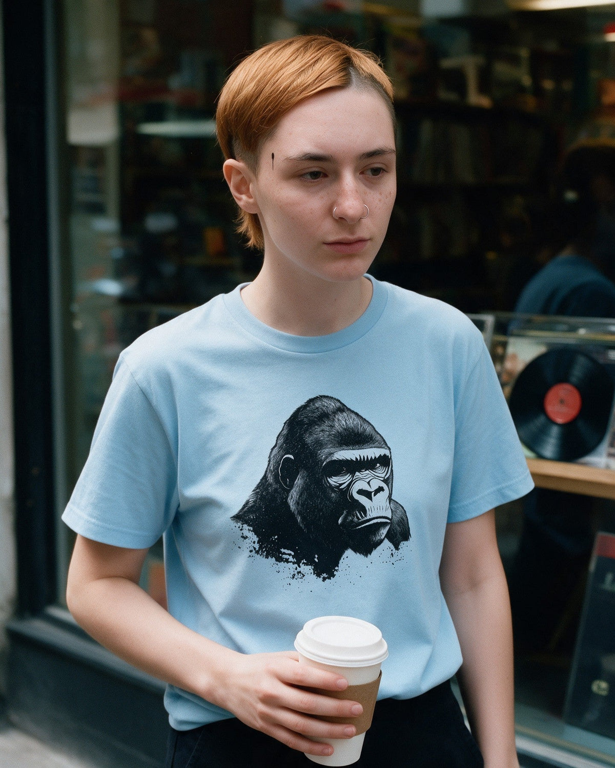Alpha Look T-Shirt in Light Blue worn on the street — Urban Kong