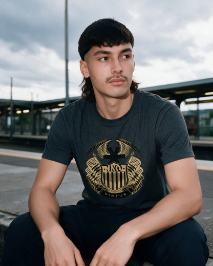 Virtus T-Shirt in Dark Heather worn on the street — Urban Kong