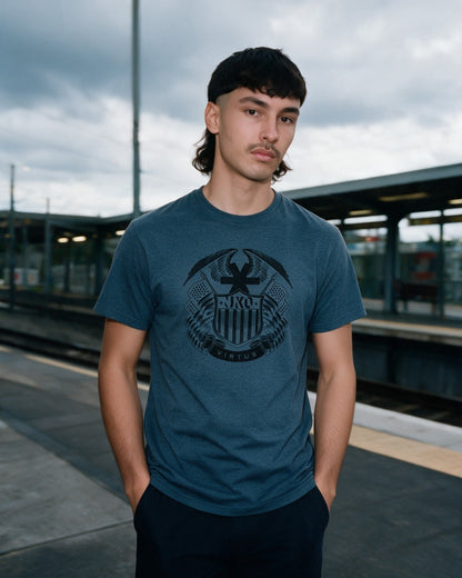 Virtus T-Shirt in Heather Indigo worn on the street — Urban Kong