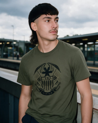 Virtus T-Shirt in Military Green worn on the street — Urban Kong