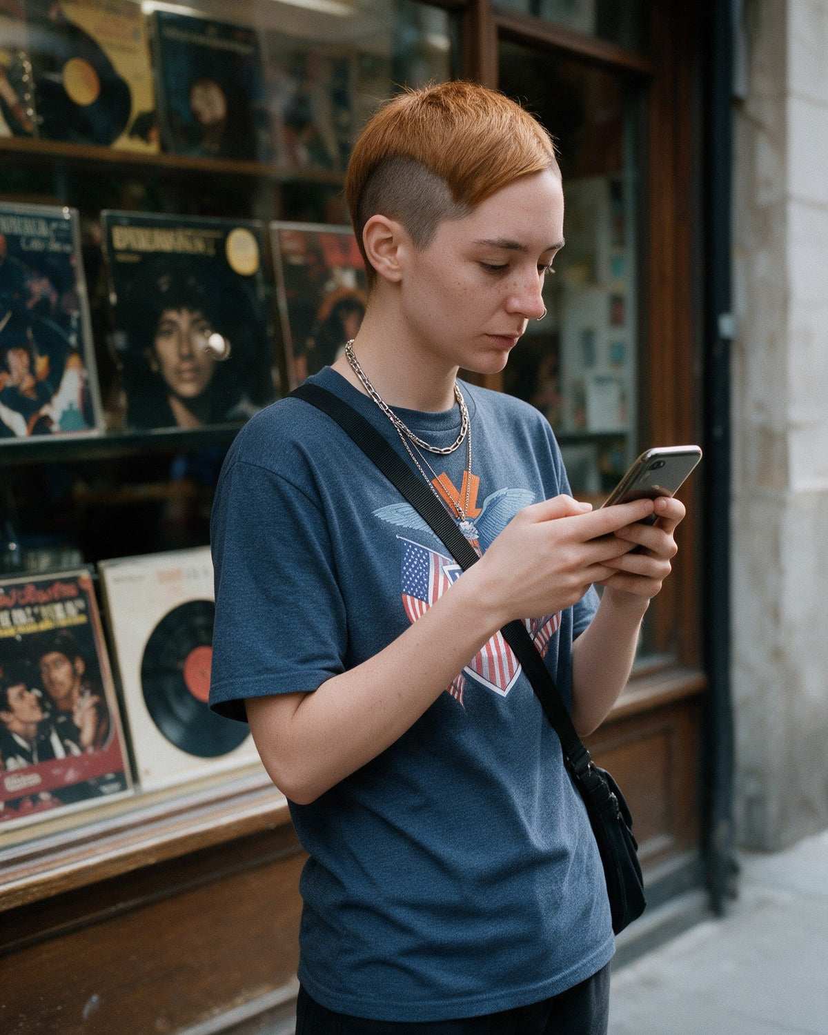 American Kong T-Shirt in Heather Navy worn on the street — Urban Kong