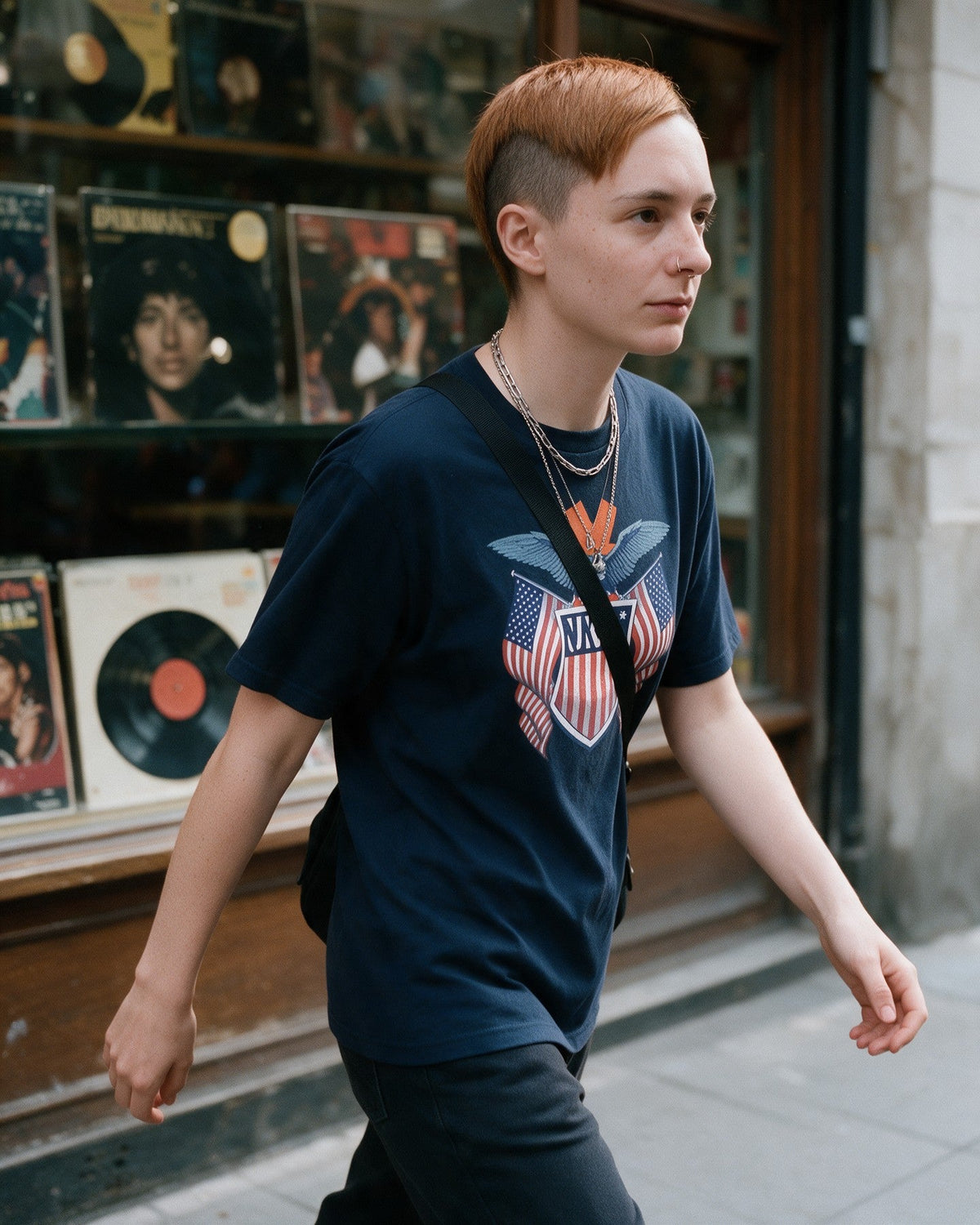 American Kong T-Shirt in Navy worn on the street — Urban Kong