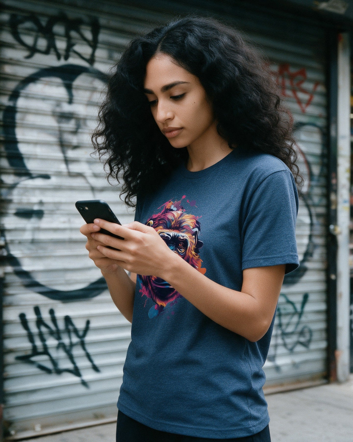 Aqua Kong T-Shirt in Heather Indigo worn on the street — Urban Kong