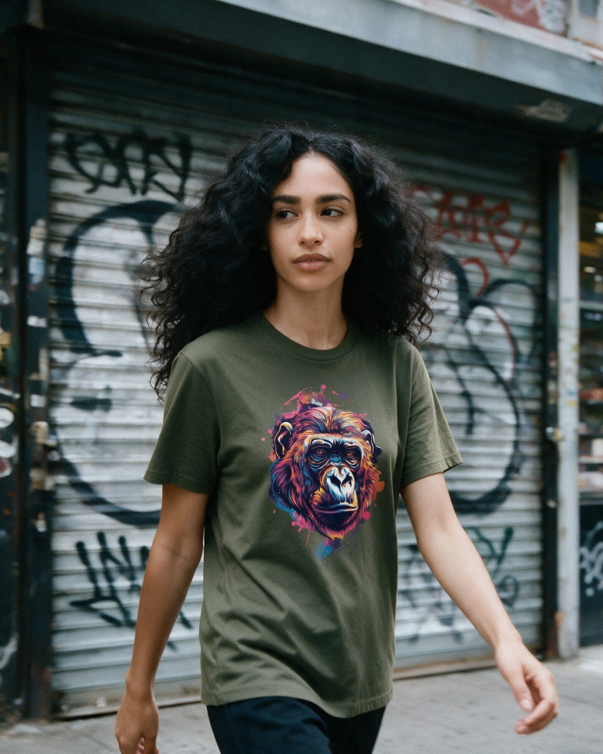Aqua Kong T-Shirt in Military Green worn on the street — Urban Kong