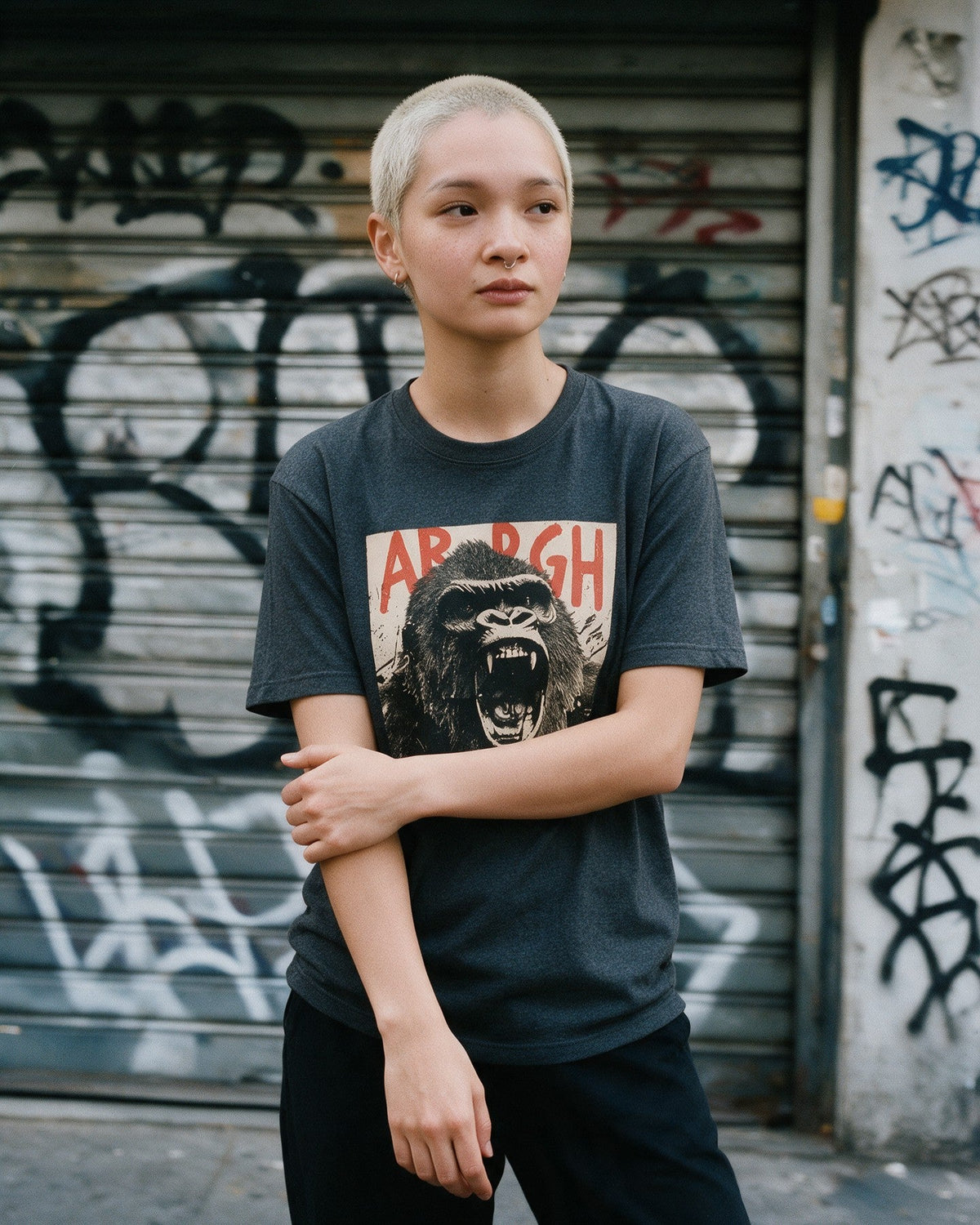 Arrgh Kong T-Shirt in Dark Heather worn on the street — Urban Kong