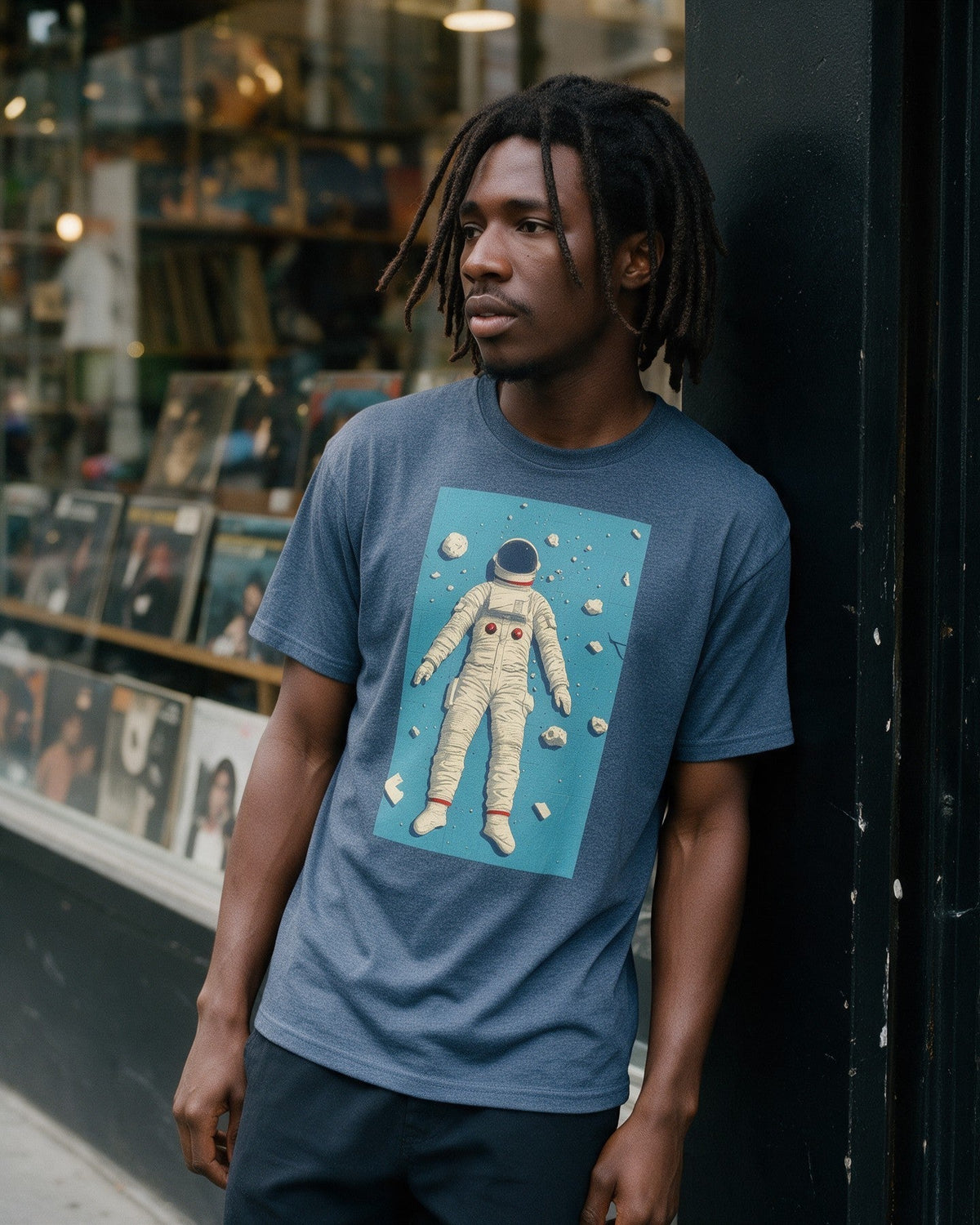 Back to Gravity T-Shirt in Heather Indigo worn on the street — Urban Kong