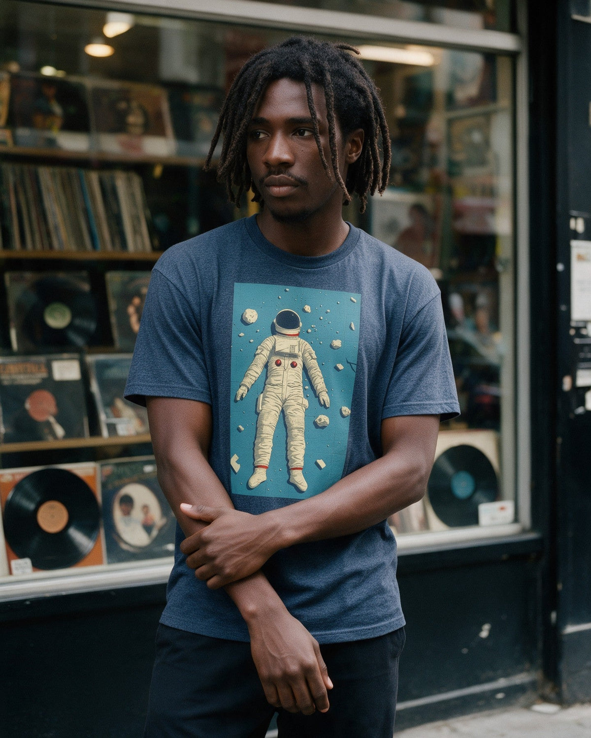 Back to Gravity T-Shirt in Heather Navy worn on the street — Urban Kong