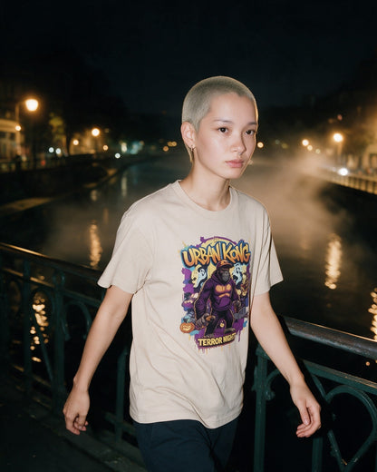 Black Urban Kong T-Shirt in Sand worn on the street — Urban Kong