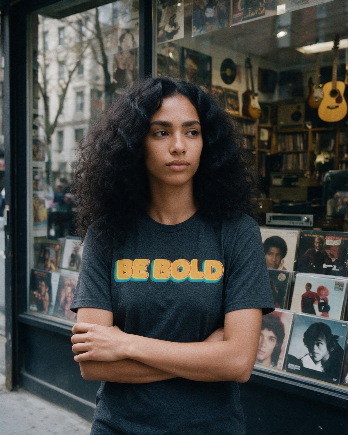 Bold Statement T-Shirt in Dark Heather worn on the street — Urban Kong