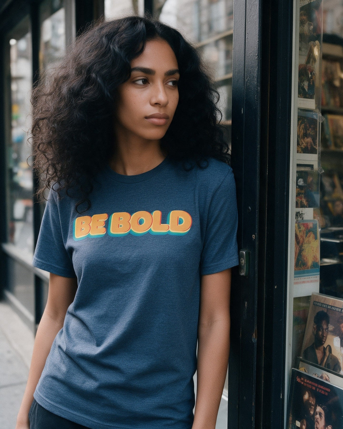 Bold Statement T-Shirt in Heather Indigo worn on the street — Urban Kong