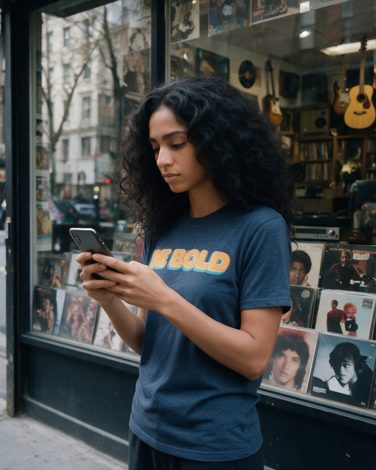 Bold Statement T-Shirt in Heather Navy worn on the street — Urban Kong