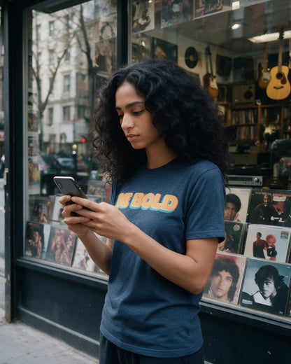 Bold Statement T-Shirt in Heather Navy worn on the street — Urban Kong