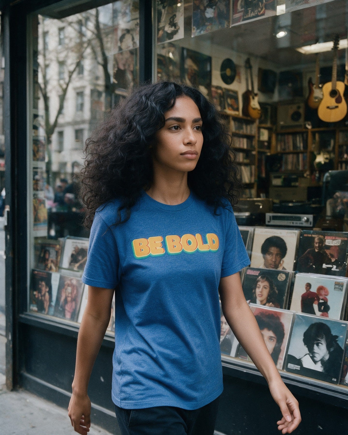 Bold Statement T-Shirt in Heather Royal worn on the street — Urban Kong