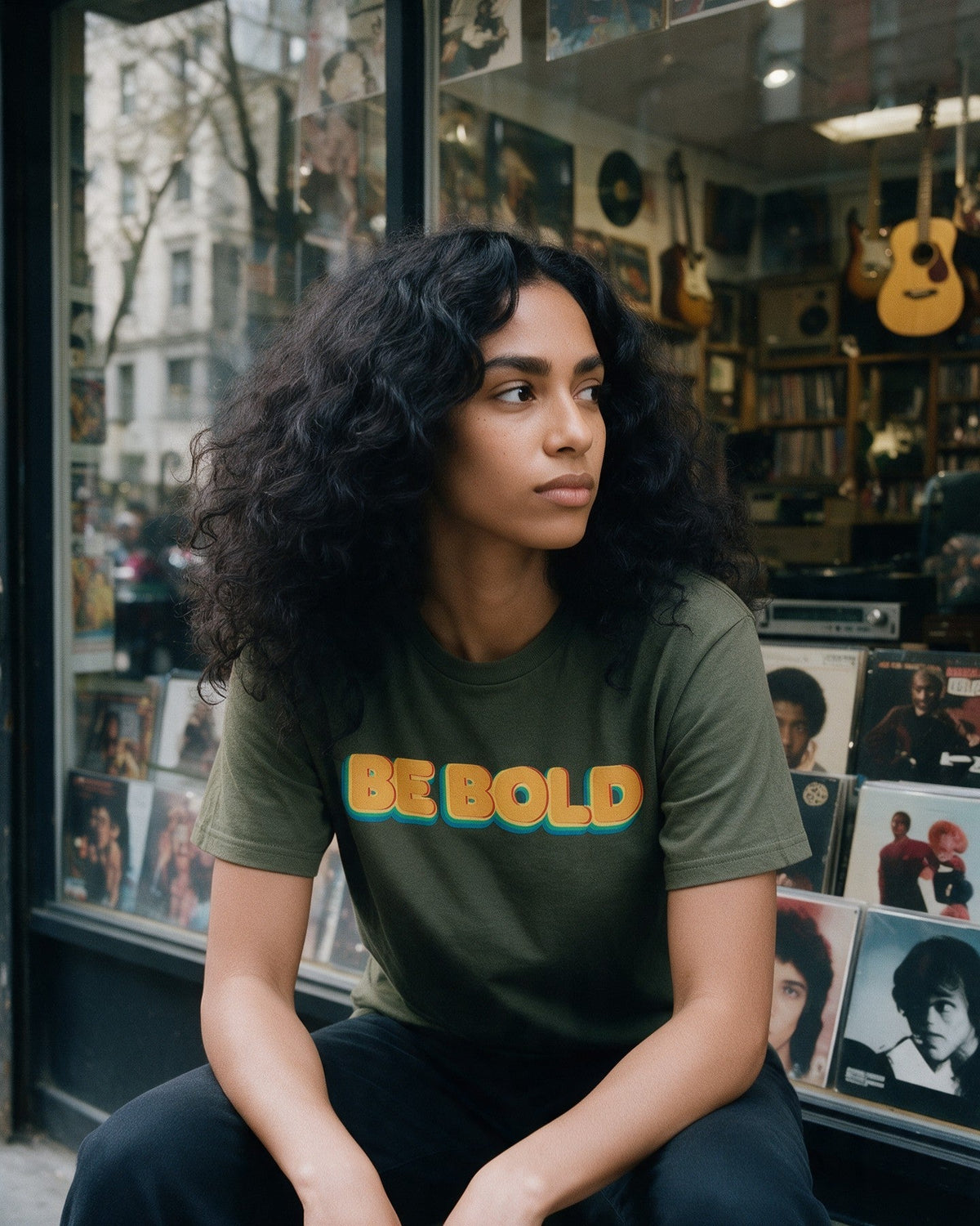 Bold Statement T-Shirt in Military Green worn on the street — Urban Kong