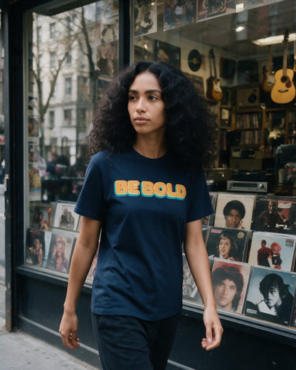 Bold Statement T-Shirt in Navy worn on the street — Urban Kong