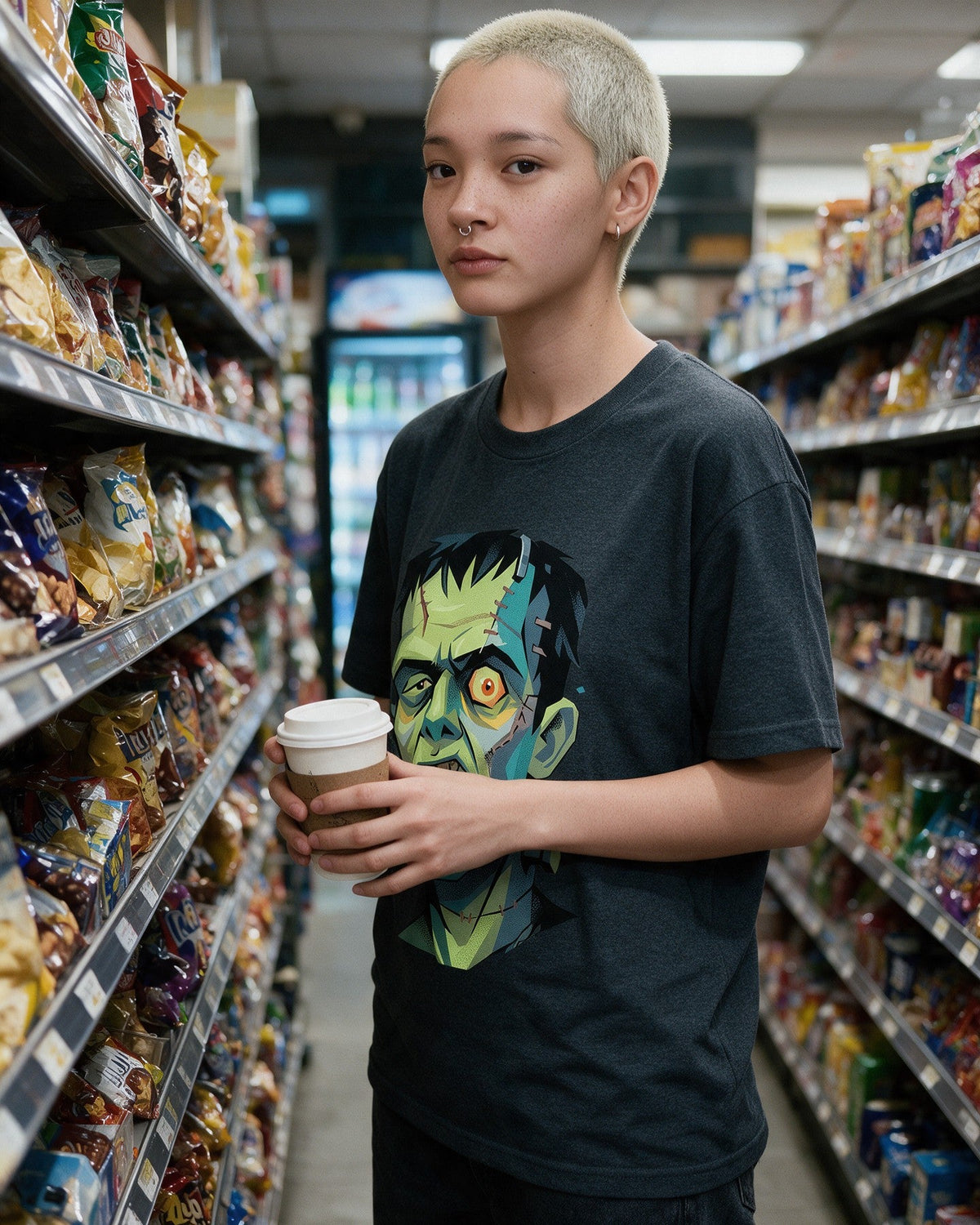 Bolt Head T-Shirt in Dark Heather worn on the street — Urban Kong