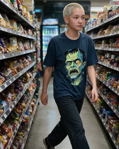 Bolt Head T-Shirt in Heather Navy worn on the street — Urban Kong