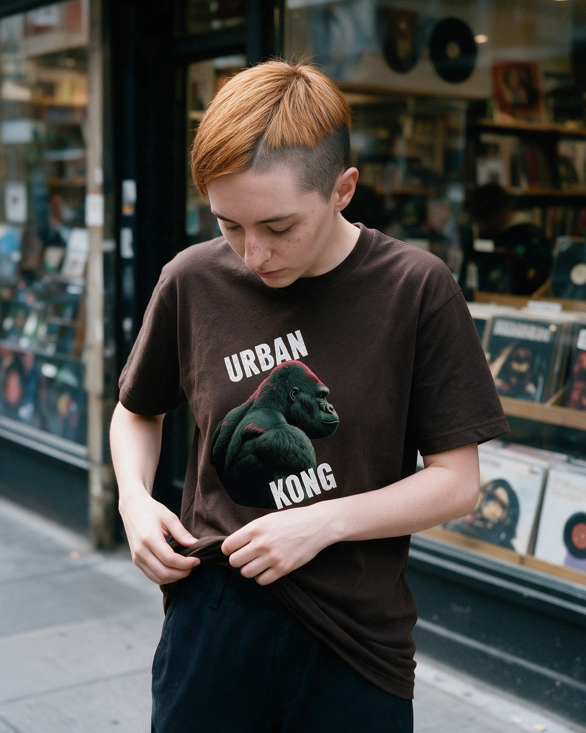 Captain Kong T-Shirt in Dark Chocolate worn on the street — Urban Kong