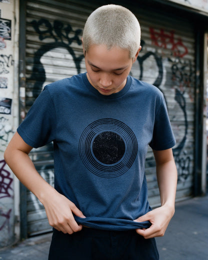 Celestial Sphere T-Shirt in Heather Indigo worn on the street — Urban Kong