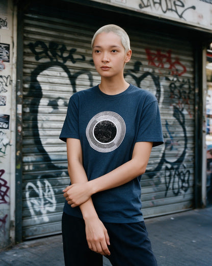 Celestial Sphere T-Shirt in Heather Navy worn on the street — Urban Kong