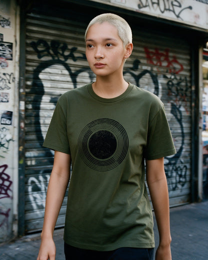 Celestial Sphere T-Shirt in Military Green worn on the street — Urban Kong